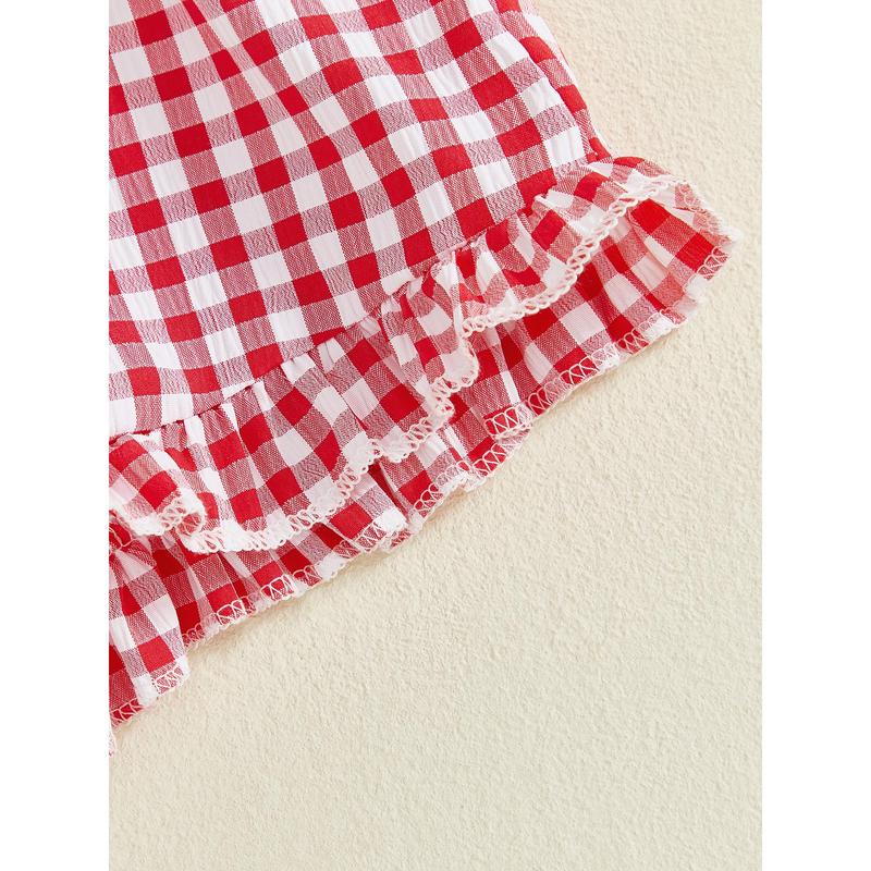 Toddler Baby Girl Summer Outfit Strawberry Embroidered Plaid Bows Ruffled Trim Tank Tops and Shorts 2 Pcs Set 6M-3Y