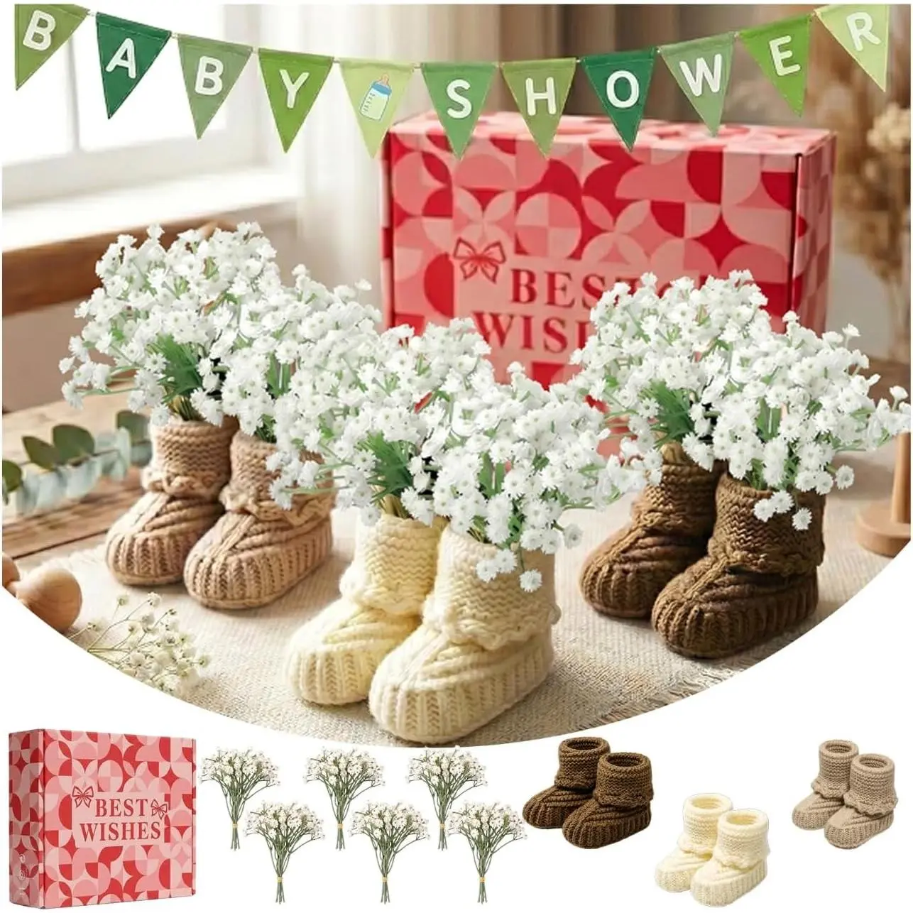 12 PCS Boho Baby Shower Centerpieces with Wearable Booties & Reusable Flowers