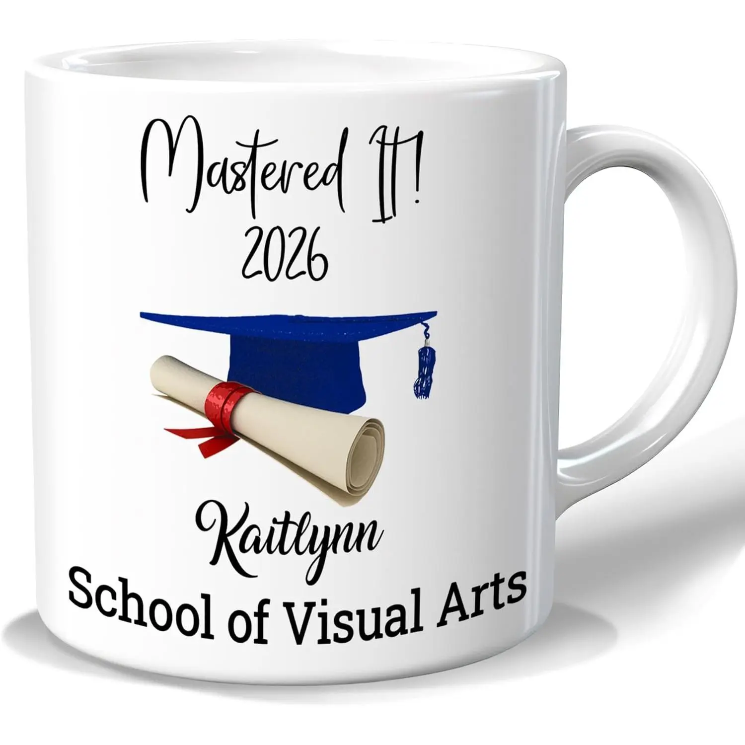 Personalized Graduation Mug 2026 – Custom Name & School Masters Degree Coffee Cup, Funny Congratulations Gift for Graduate, 11oz 15oz Ceramic Mastered It!