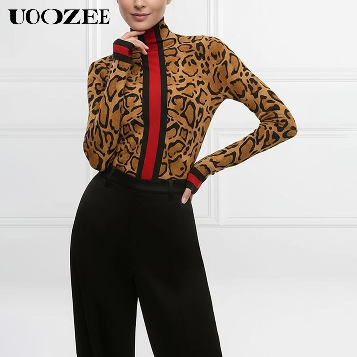 UOOZEE Women's New Fashion Retro Leopard Print Tight-fitting Skinny Contrast Turtleneck T-shirt Top Bottoming Shirt Red and Black Contrast Stripes Spring, Autumn(Sizing Runs Small - Check Size Guide or Order Larger) Casual Long Sleeve cute fall outfits