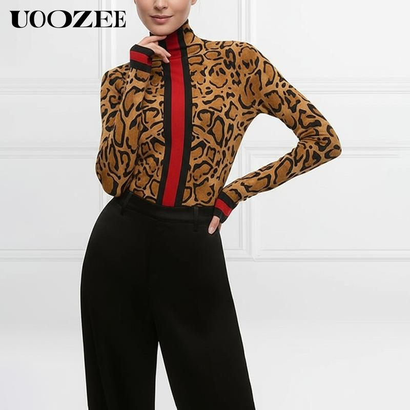 UOOZEE Women's New Fashion Retro Leopard Print Tight-fitting Skinny Contrast Turtleneck T-shirt Top Bottoming Shirt Red and Black Contrast Stripes Spring, Autumn(Sizing Runs Small - Check Size Guide or Order Larger) Casual Long Sleeve cute fall outfits