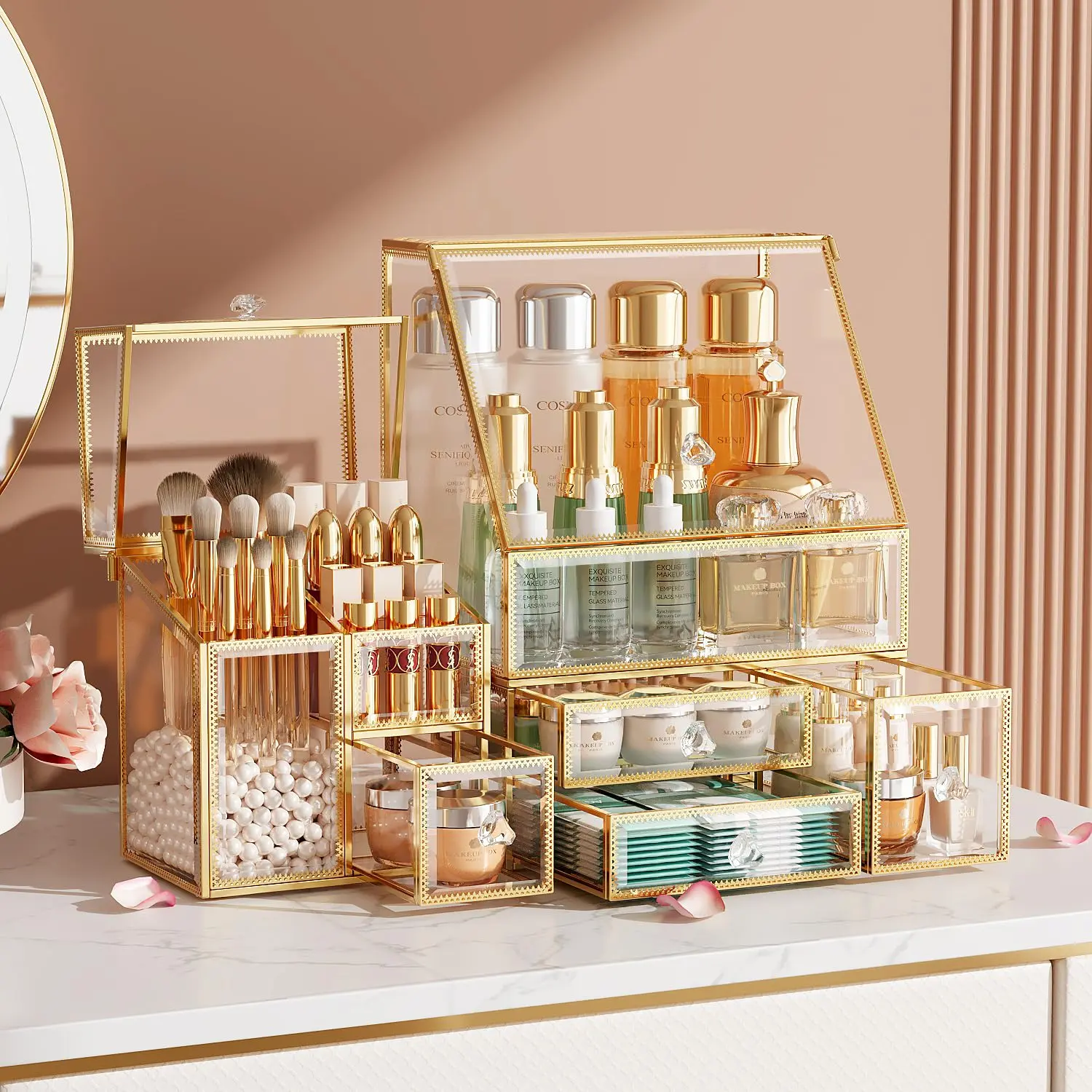 Glass Makeup Organizer with Brush Holder for