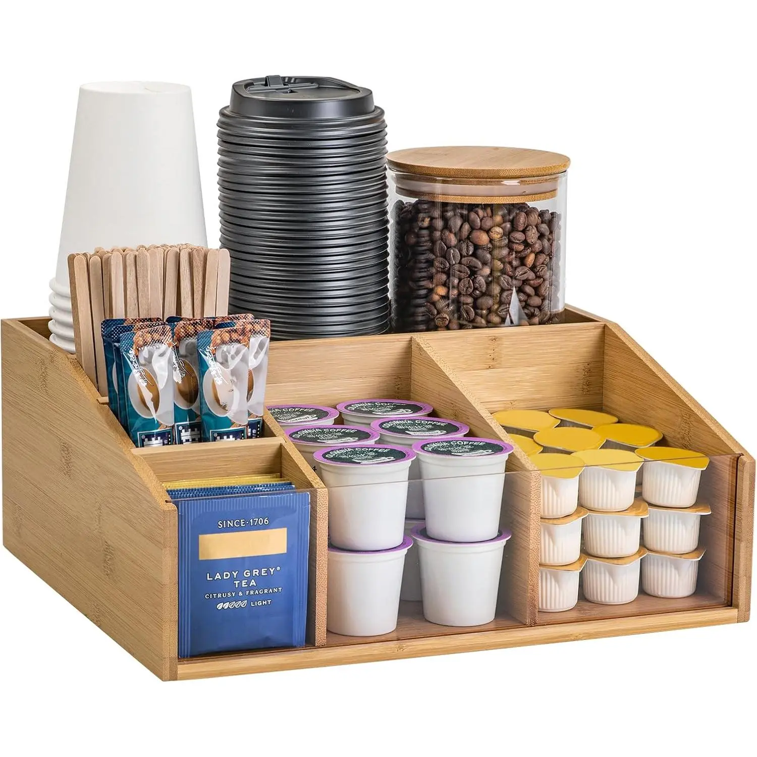Bamboo Coffee Station Organizer for Countertop, Coffee Bar Accessories Organizer with 6 Compartments for Tea Bags Condiment, Pods, Creamer, Syrup, Cups