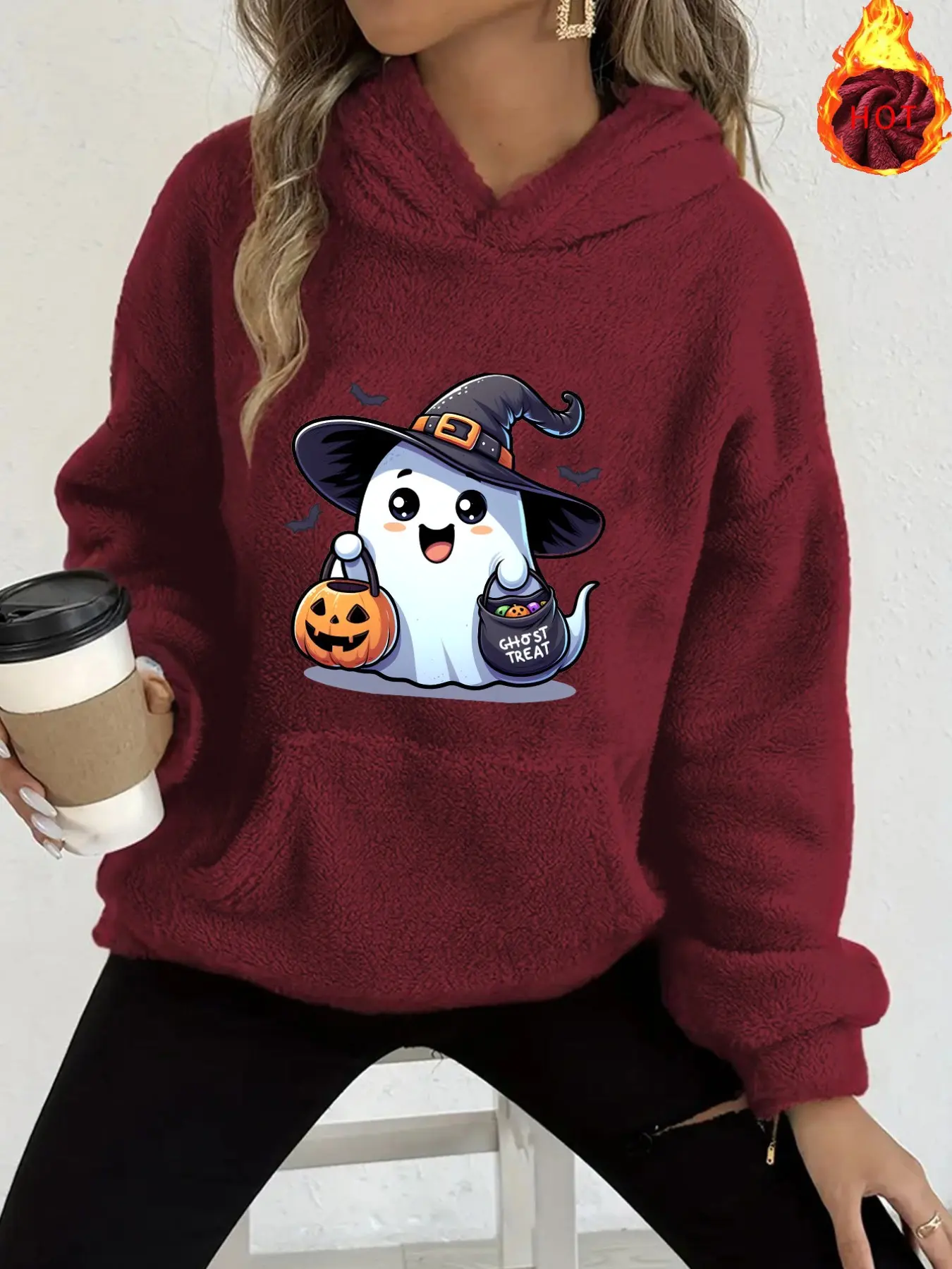 Y2K Flannel Hoodie with Wizard Hat, Cute Ghost Print, Halloween Pumpkin Candy Bat, Loose Fit, Warm and Cozy, Fall Winter Apparel