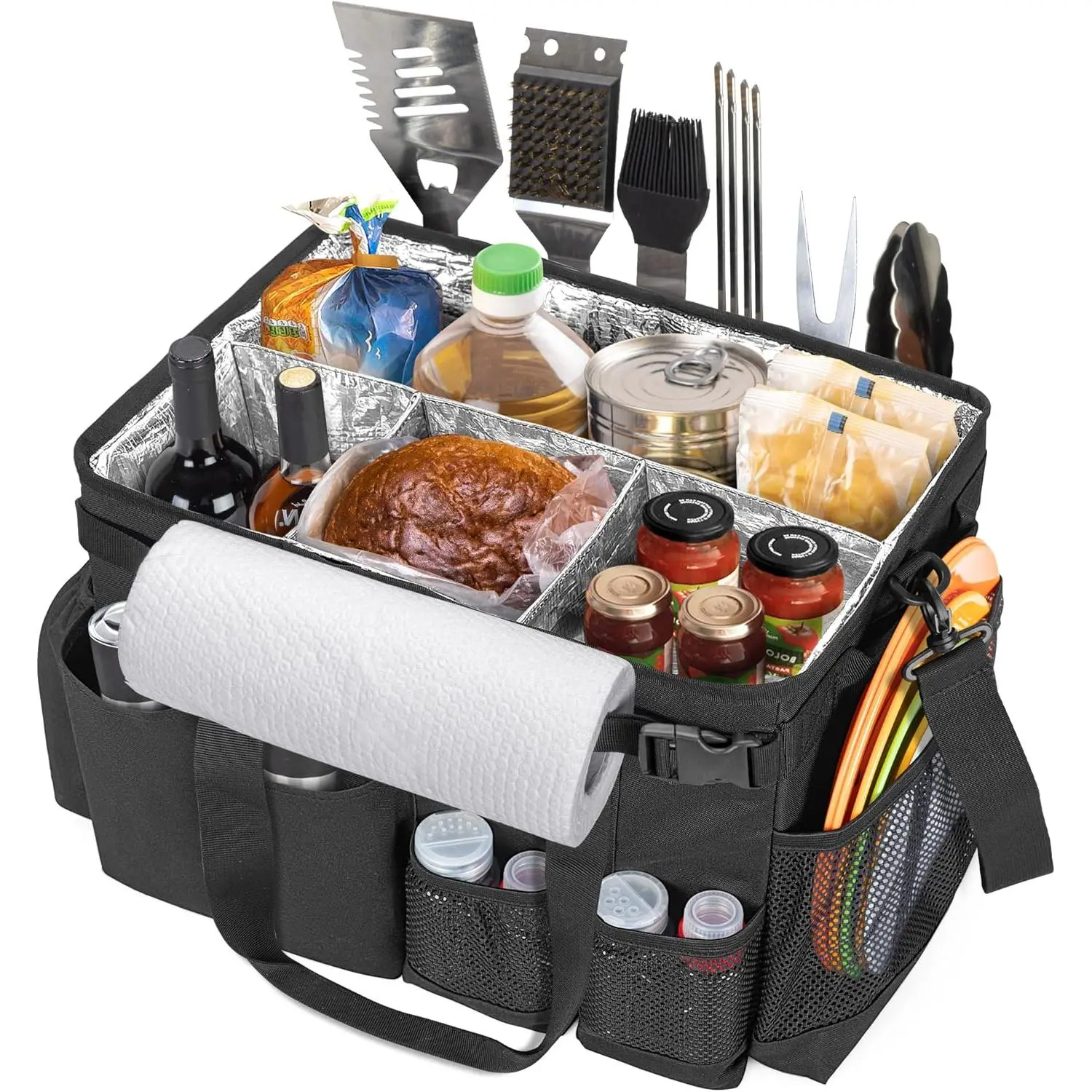 Black Large Grill Utensil Caddy with Paper Towel Holder & Sturdy Hollow Plate - Aluminum-Coated, Foldable Outdoor BBQ Organizer, 3 Carrying Ways, External Storage (Bag Only) for Camping, Family Gathering, Friends Dinner