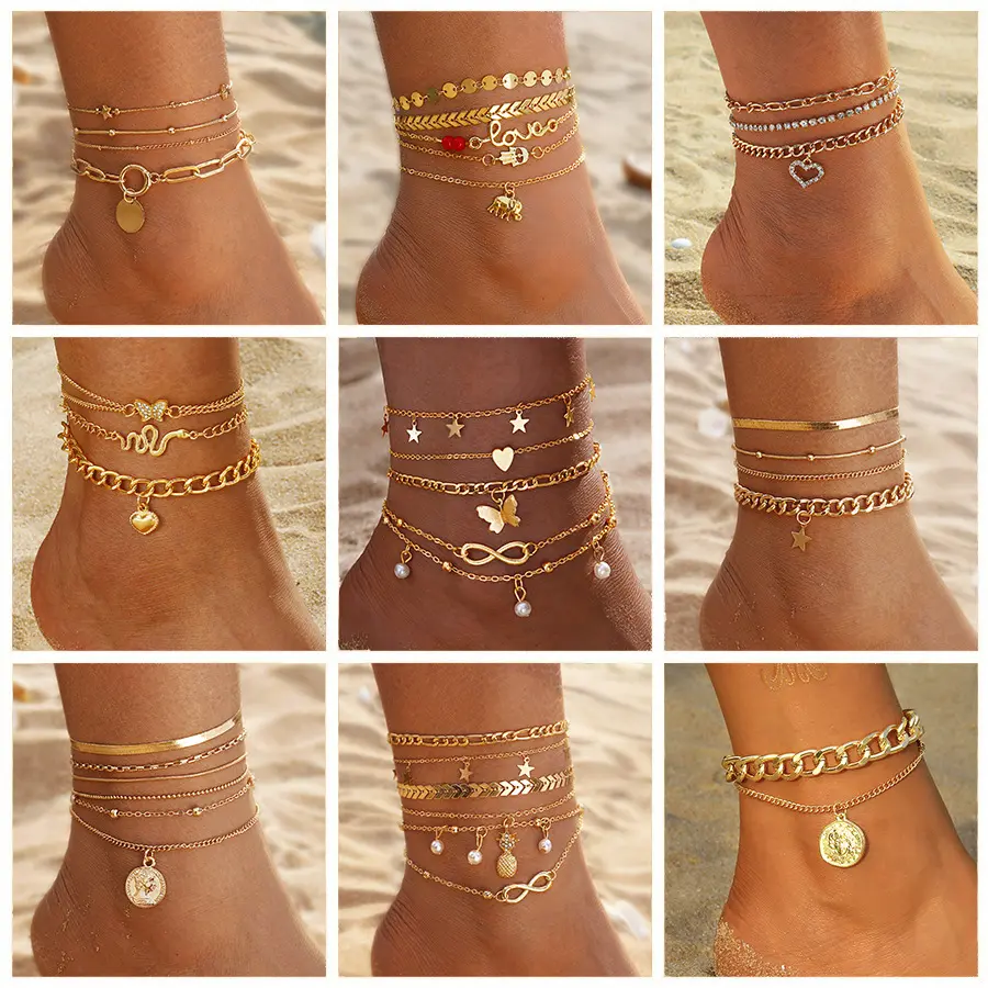 Gold Layered Anklets Set for Women Vintage Coin Star Foot Jewelry, Trendy Butterfly Heart Ankle Bracelet, Boho Pearl Infinity Pendant Foot Chain, Summer Holiday Gift