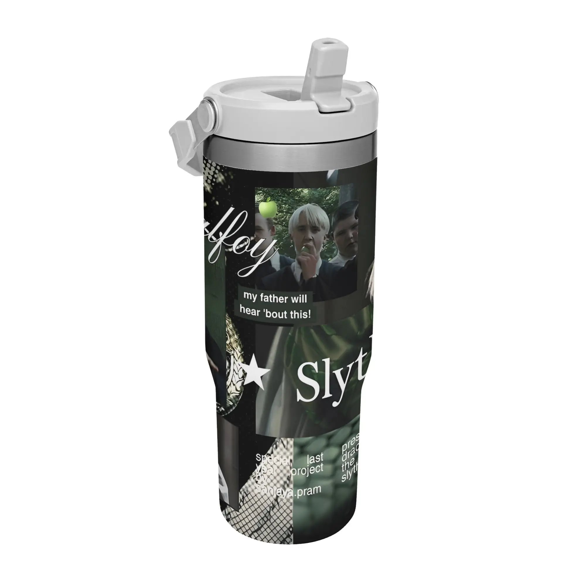 WB Harry Potter Draco Malfoy Slytherin Collage Flip Straw Tumbler 30oz Stainless Steel Vacuum Mug, Leakproof Travel Cup, Dark Green Aesthetic Photo Collage, Slytherin Fan Gift