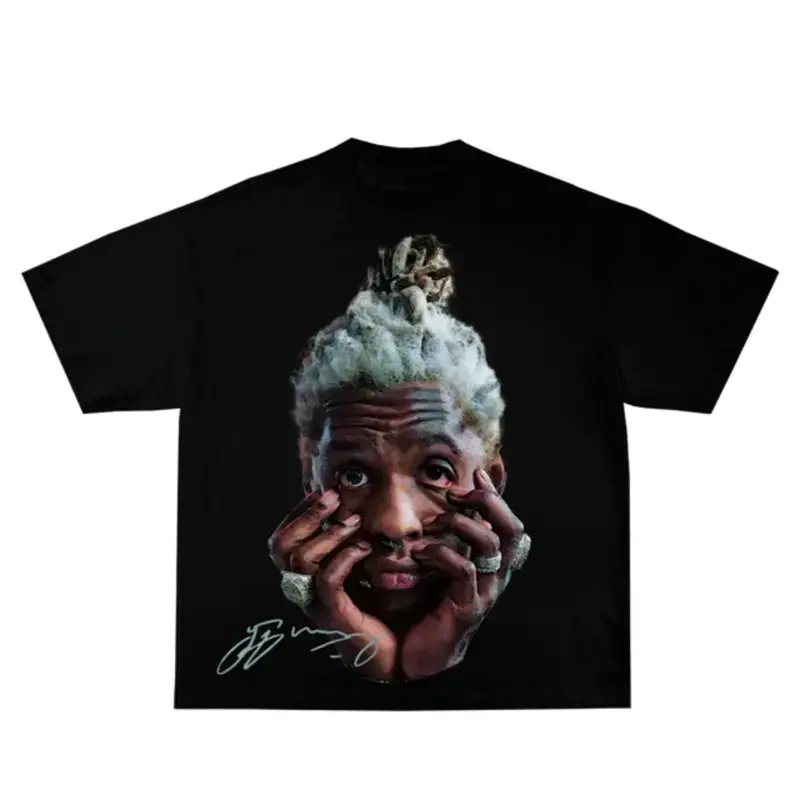 Retro Realistic Bust Graphic T Shirt Men Women Light Grey Textured Hair Top Bun Hand Covering Face Diamond Stone Rings Signature Sketch Distressed Washed Oversized Boxy Cotton Tee Y2K Hip Hop Streetwear Loose Short Sleeve Daily Top