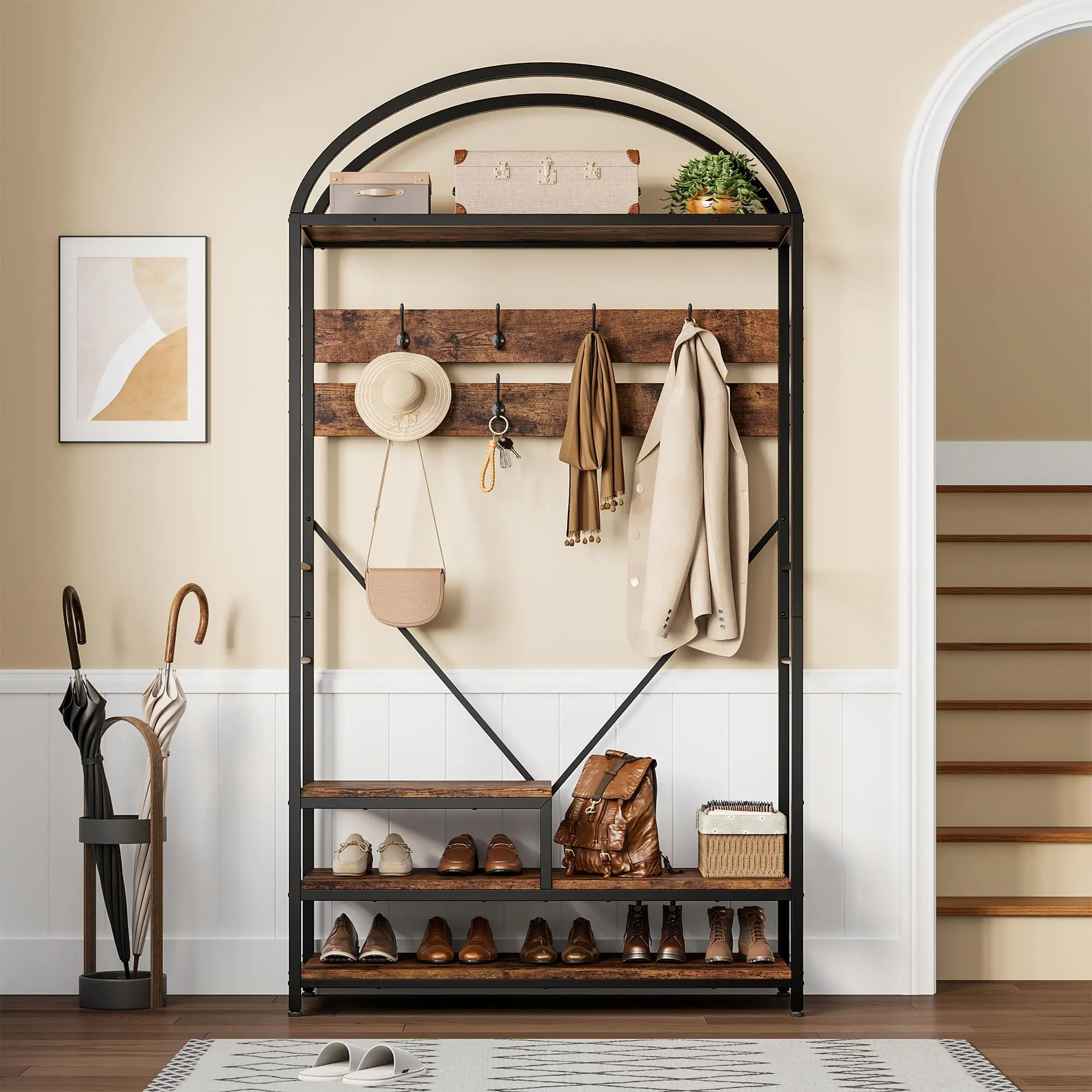Vintage Iron Arch Entryway Hall Tree with Shoe Storage Bench, Sturdy Metal Coat Rack, Versatile Organizer for Hallway Storage and Entryway Organization