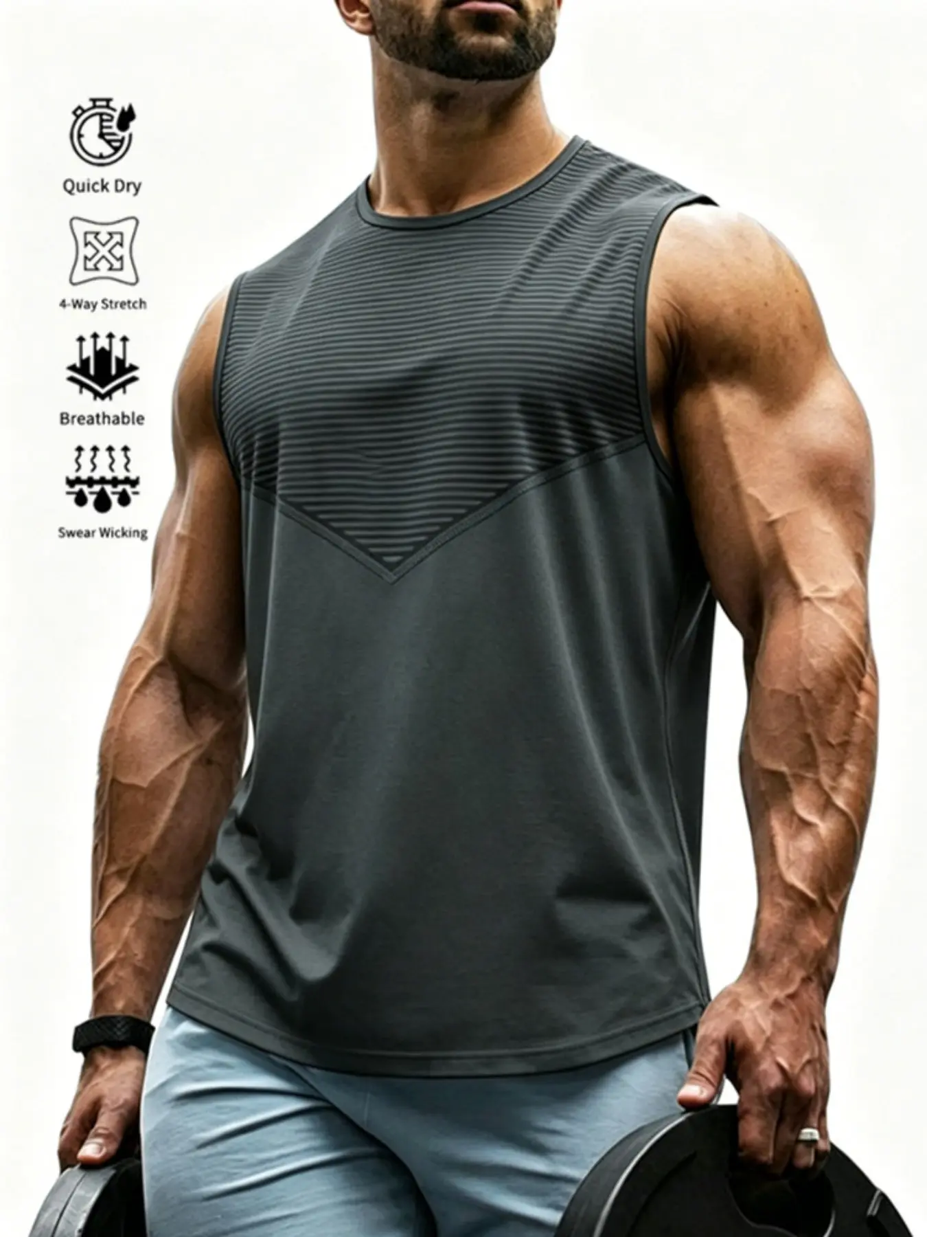 Men's Striped Patchwork Quick-Dry Sports Tank Top, Breathable Sweat-Wicking Workout Vest, Sleeveless Training Apparel for Men