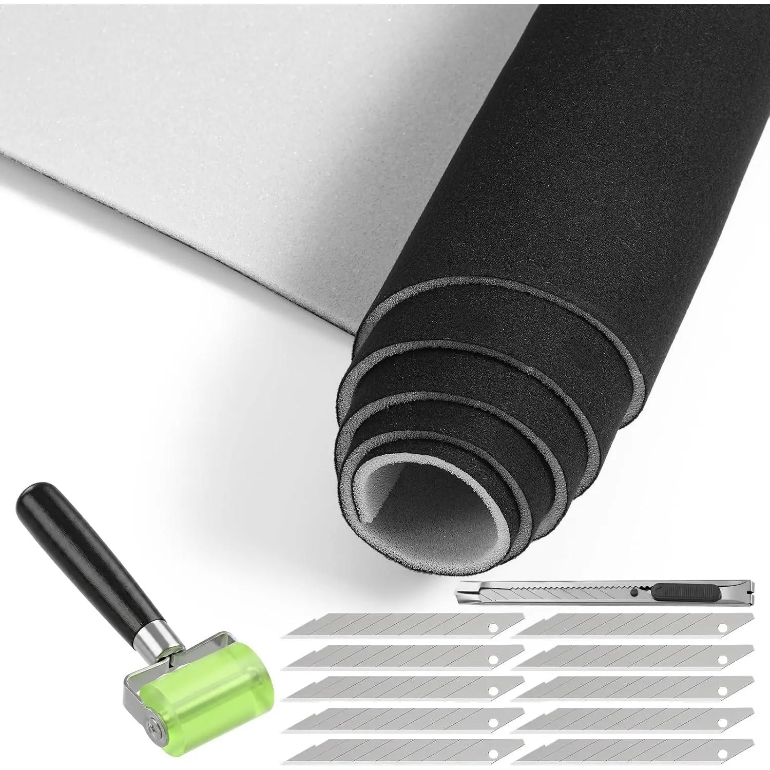 96x60 Inch Black Suede Headliner Fabric with Foam Backing for Auto/RV/Marine Interior Restoration, Comes with DIY Roller and Cutting Tool Set