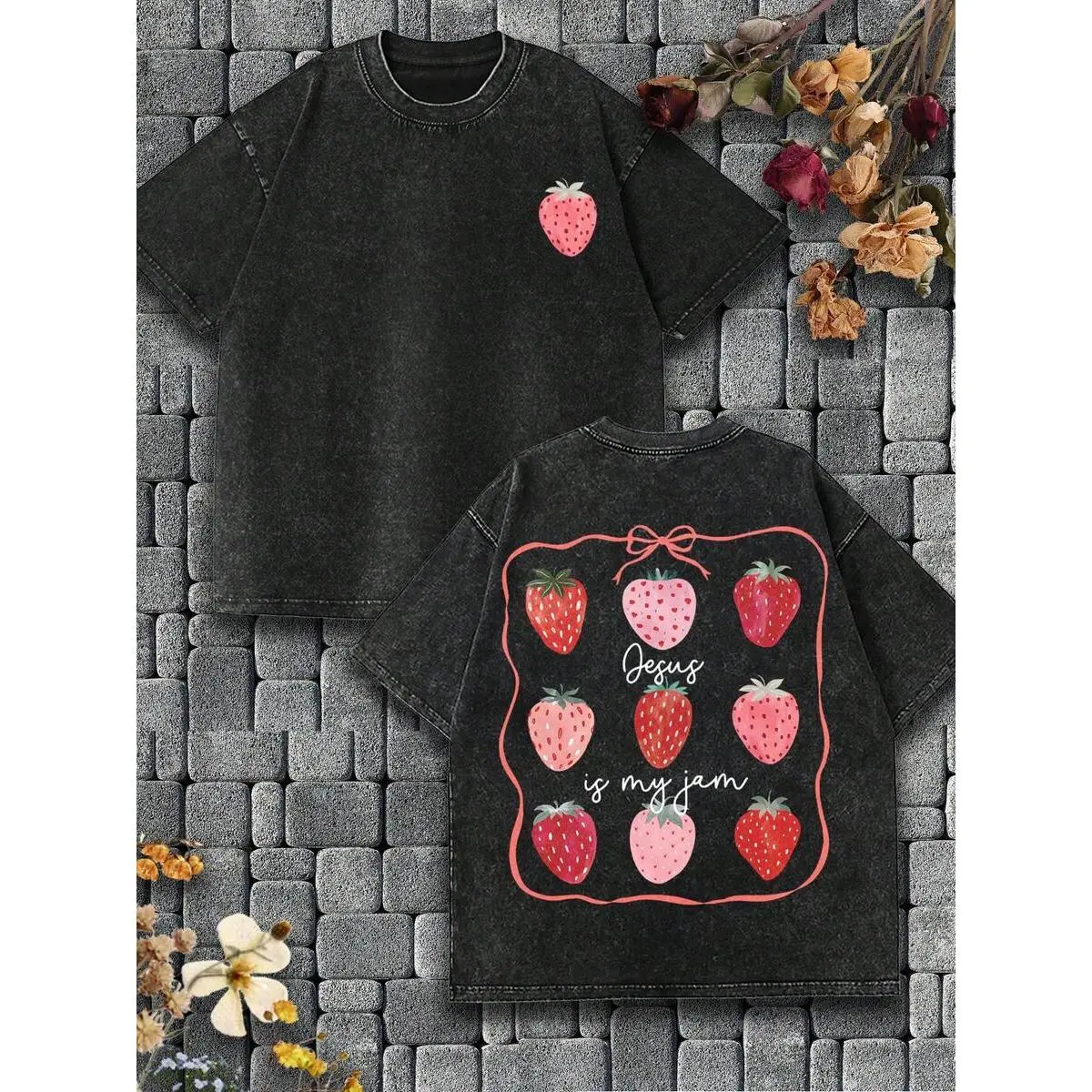 Washed Christian T-Shirt, Jesus Is My Jam, Religious Belief T-Shirt Combines The Cute Elements Of Religious Belief (Jesus) And Strawberry Jam (Jam) To Convey