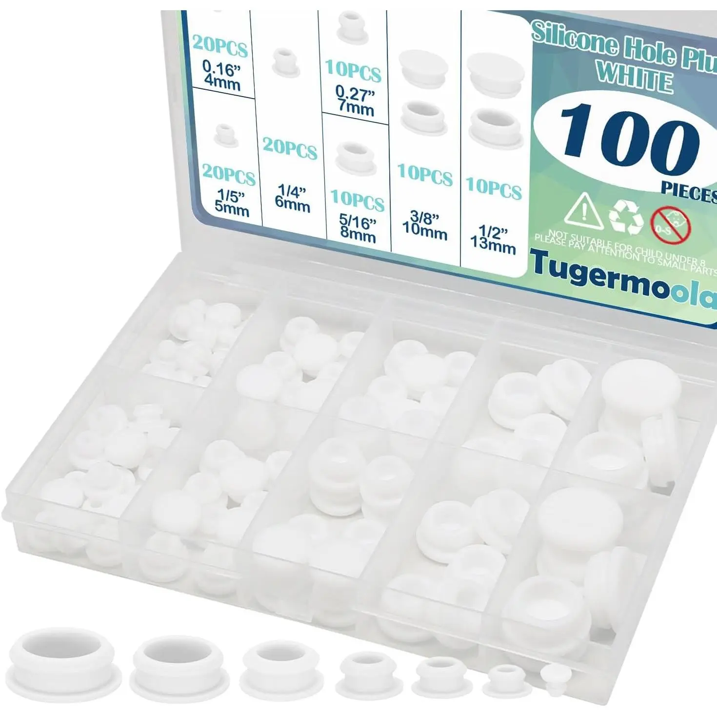 100PCS 7 Assorted Sizes Small Silicone Rubber Hole Plugs White, Sizes 1/5" 1/4" 5/16" 3/8" 1/2" for various holes