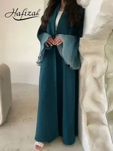 Hafizah Women's Patchwork Pleated Bell Sleeve Long Cardigan, Loose Fit, No Buttons, Outerwear, All Seasons, Plus Size Casual Robe