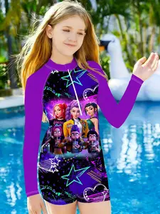 Girls' Long Sleeve Romper, Quick-Dry Swimwear, Neon Graffiti Cartoon Print, Beach Resort Swimsuit for Summer, All-Season Wear