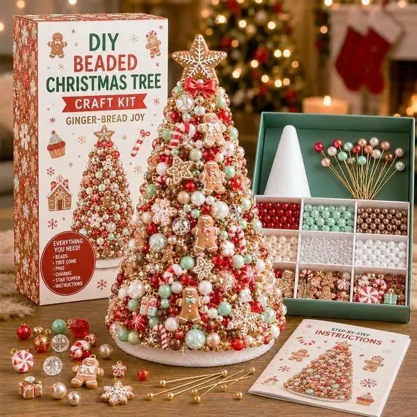DIY Beaded Christmas Tree Craft Kit, Gingerbread Man Candy Cane Mini Tabletop Christmas Tree, Red‑Green Pearl Beaded Holiday Ornament DIY Supplies, Sweet Xmas Home Table Decoration, Craft Gift