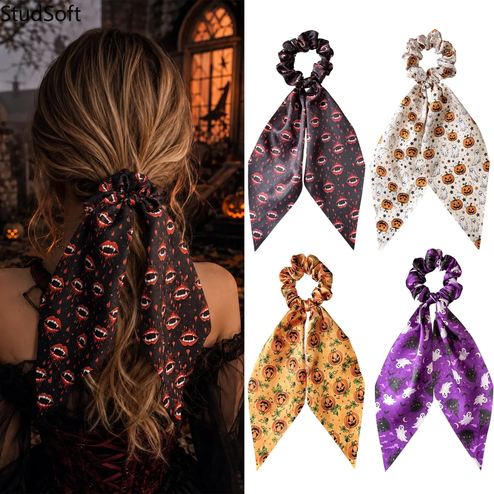 4Pcs Halloween Hair Scarf Cute Bow Scrunchies Long Tail Ribbon Ponytail Holder Vampire Ghost Pumpkin Hair Ties Girls Festive Party Hair Accessories