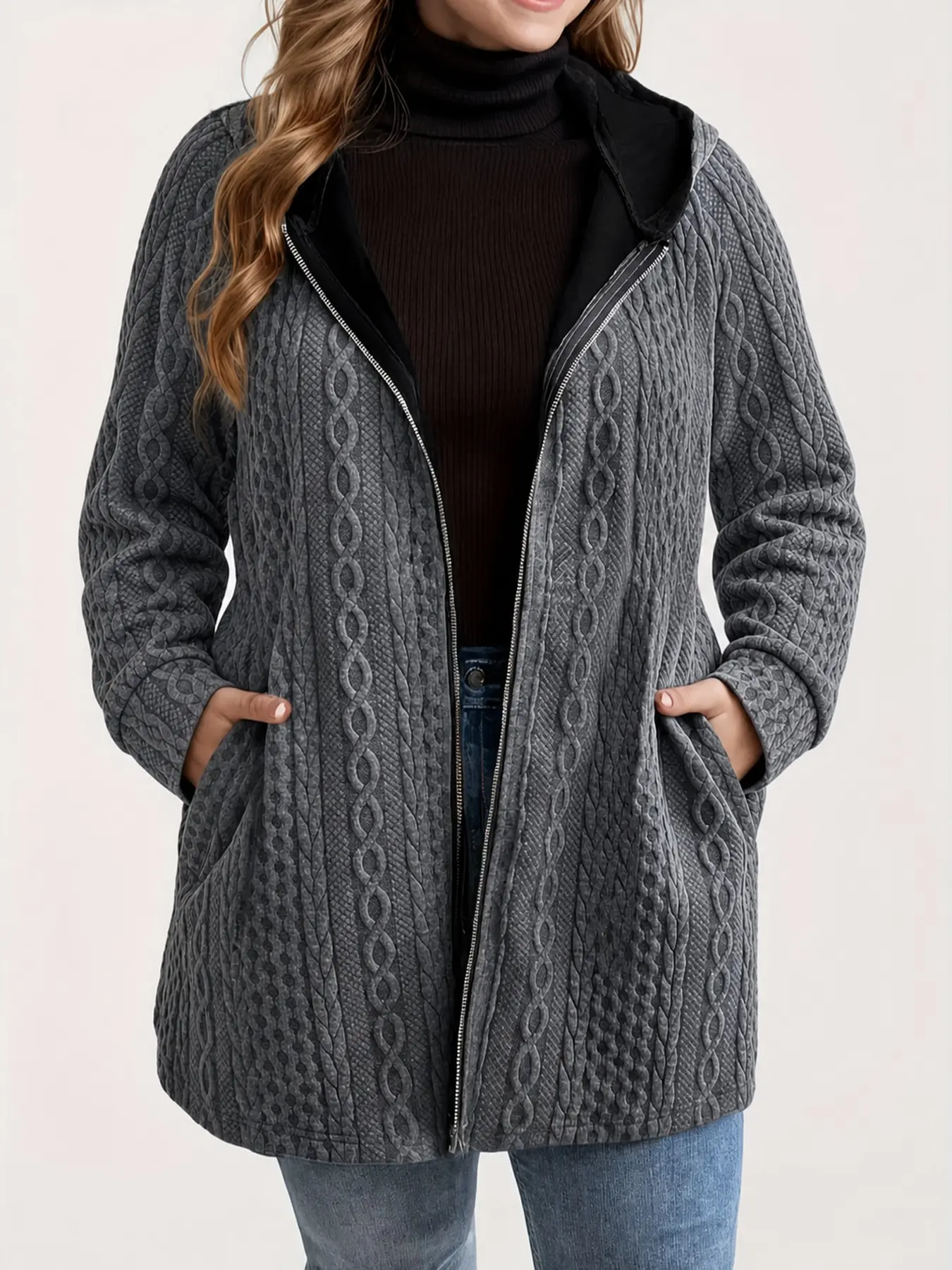 Plus Size Cable Knit Hooded Cardigan– Casual Zipper Front, Trendy Daily Outfit, Cozy Knit Jacket, Office Layering Coat, Y2K Aesthetic Clothes, Matching Jeans & Turtlenecks