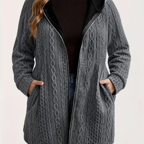 Plus Size Cable Knit Hooded Cardigan, Casual Zipper Front Pockets, Y2K Aesthetic, Cozy Layering Piece for Daily Wear