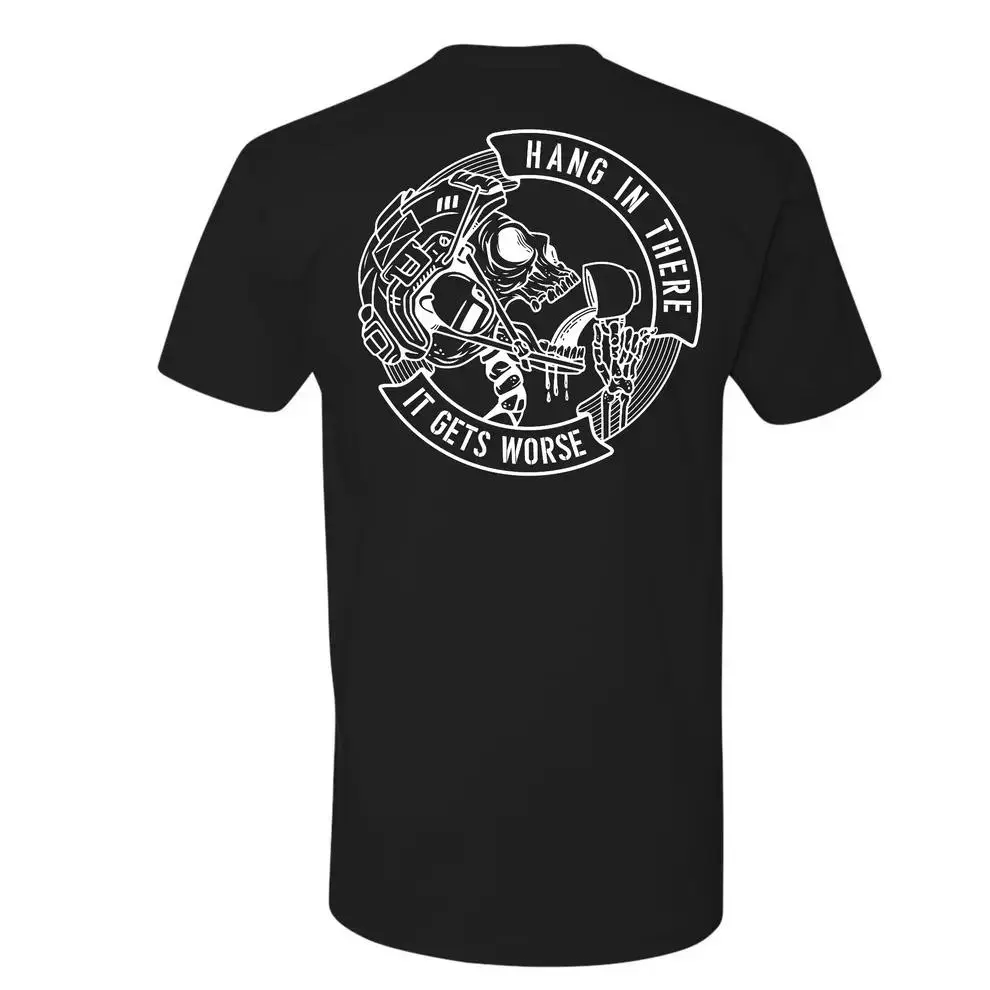 Skull Tactical Morale Patch T-Shirt – “Hang In There” Dark Humor Tee for Men, Military Style Streetwear