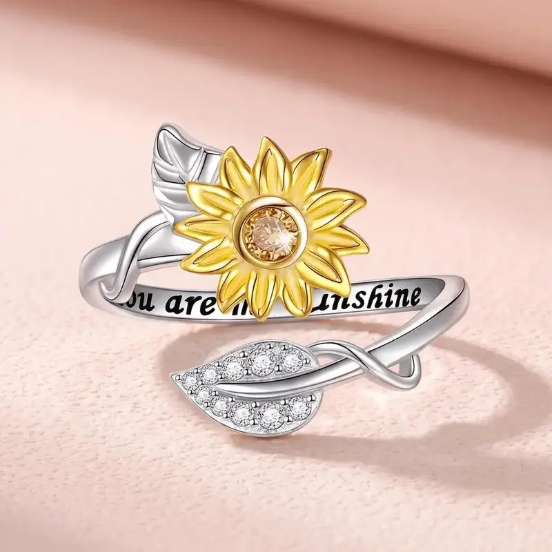 Sunflower Design Rhinestone Decorated Ring, Elegant Flower Design Ring for Women, Fashion Jewelry Accessories for Party, Daily Clothing Decor, Adjustable Sunflower Ring, Elegant Everyday Ring, Adjustable Rings, Beautiful Rings
