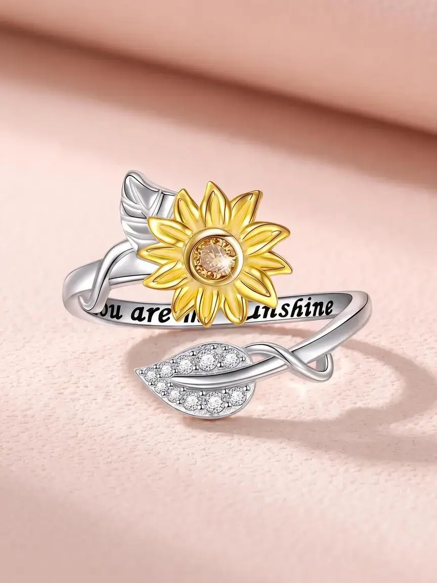 Sunflower Design Rhinestone Decorated Ring, Elegant Flower Design Ring for Women, Fashion Jewelry Accessories for Party, Daily Clothing Decor, Adjustable Sunflower Ring, Elegant Everyday Ring, Adjustable Rings, Beautiful Rings
