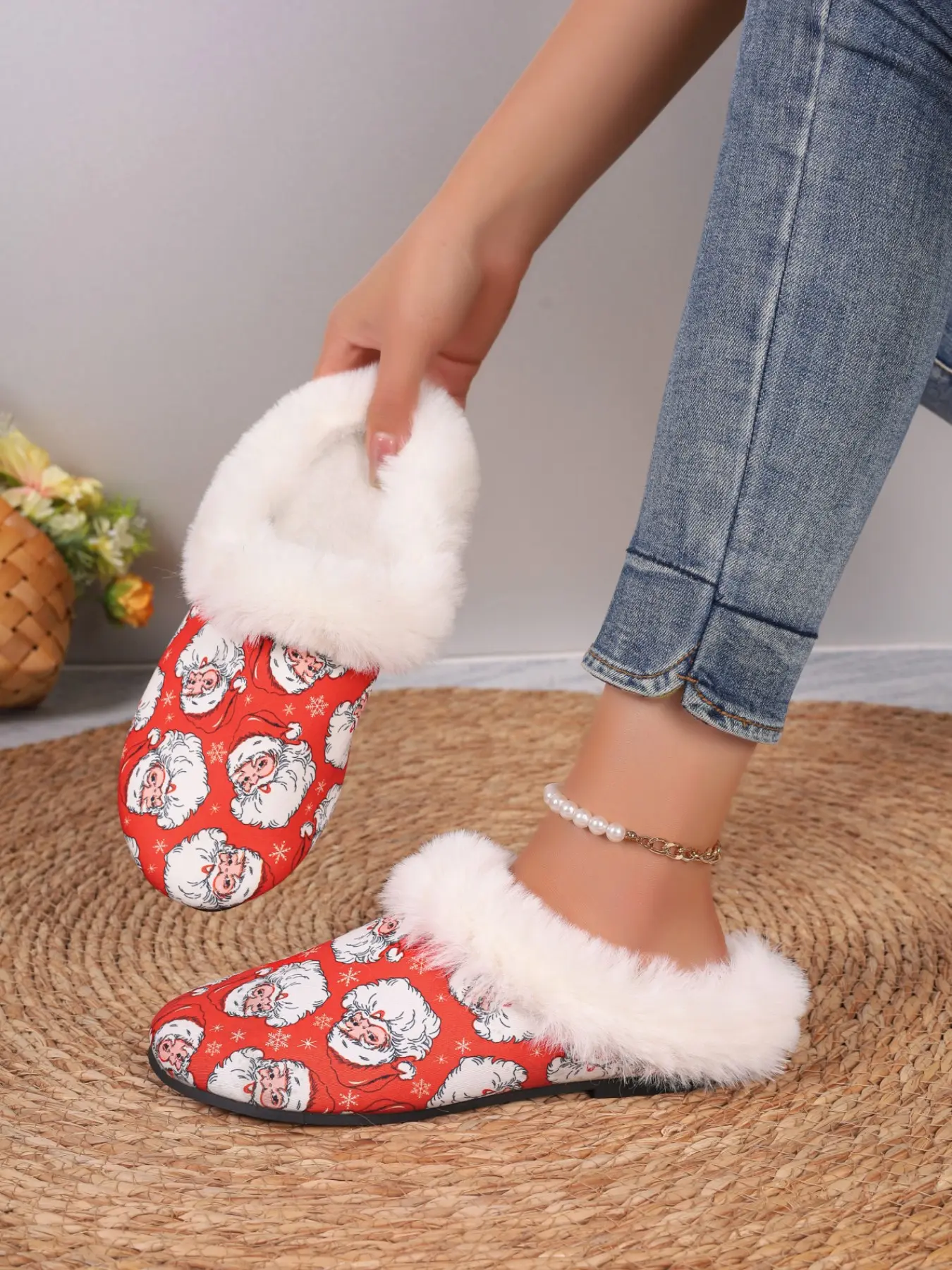 Christmas Santa Print Slippers, Festive Warm Home Half Slippers, Casual Fabric Upper, Rubber Sole, All Seasons Comfort
