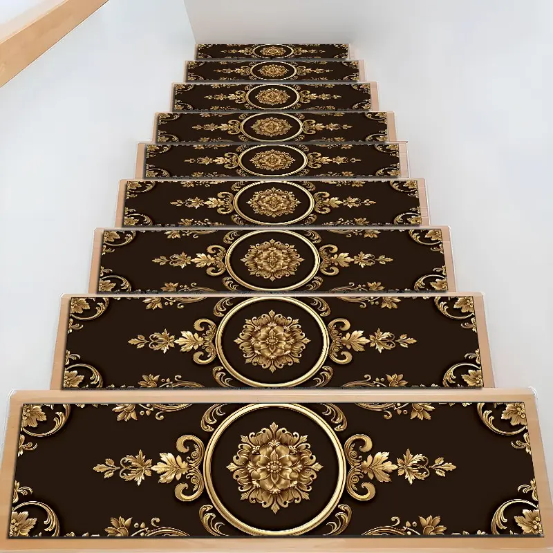 6/8/15pcs Luxury Vintage Brown Gold Baroque Floral Diatom Mud Stair Treads, Super Absorbent Non Slip Carpet Mats for Wood Steps, Quick Drying Moisture Wicking Stair Runners, Anti Slip Washable Rugs for Dogs Kids Elderly