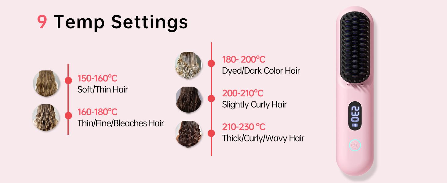 Cordless Hair Straightener Brush - Portable Straightener Brush with 9 Temp Settings, Mini Straightening Comb for Travel, 9600mAh Rechargeable Batt & 224 Million Negative Ions (Pink)