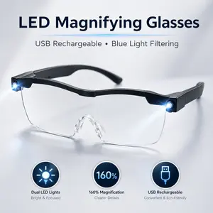 USB Rechargeable LED Magnifying Glasses, 1.6X Hands-Free Magnifier Glasses with Built-in Lights, Blue Light Filtering Lens for Reading, Crafts & Repairs