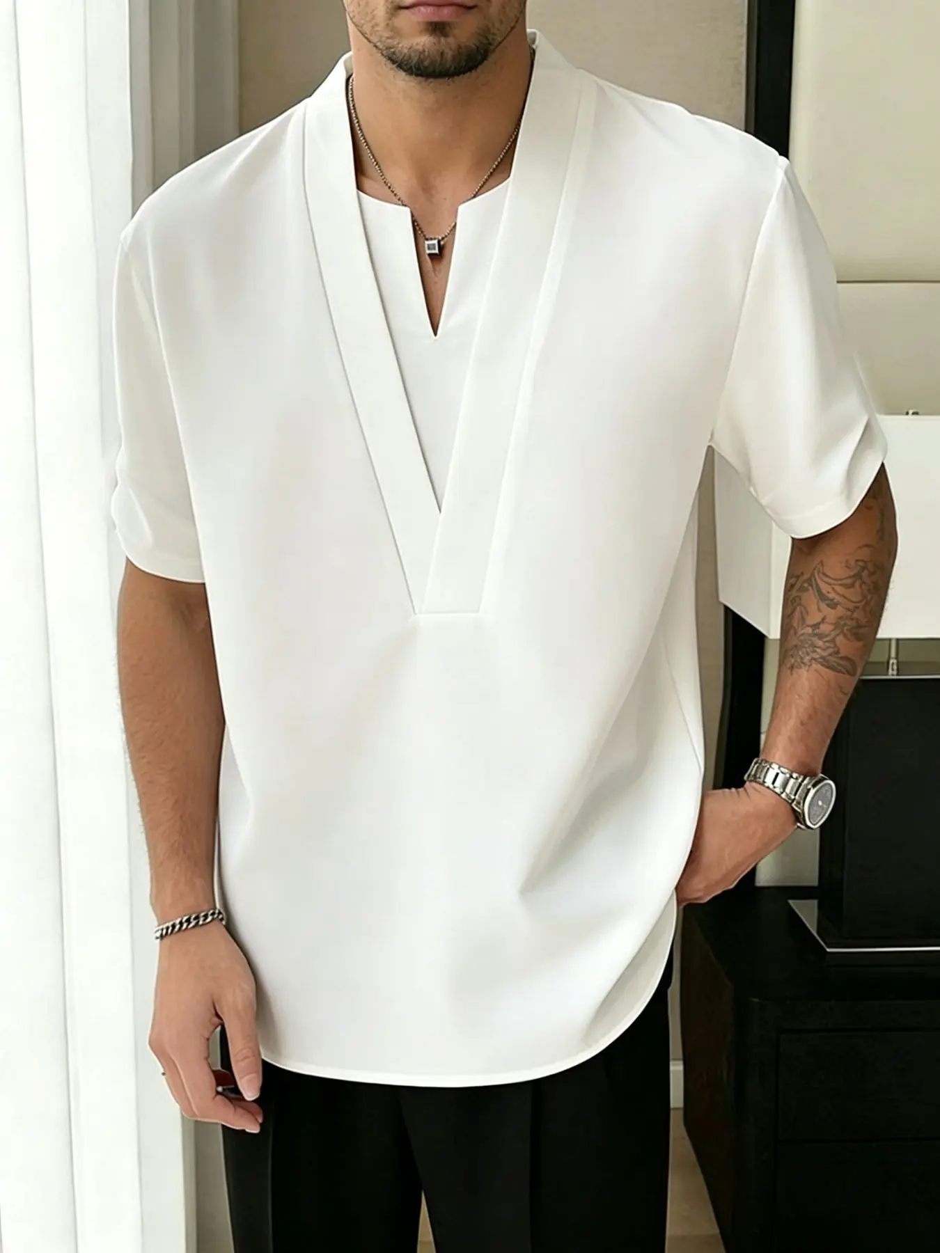 Men's V-Neck Short Sleeve Shirt, Casual Loose Fit Solid Top, Menswear Fashion Streetwear Style Vibe Summer Daily Wear T-Shirt, Comfortable and Stylish, Casual Style Tee