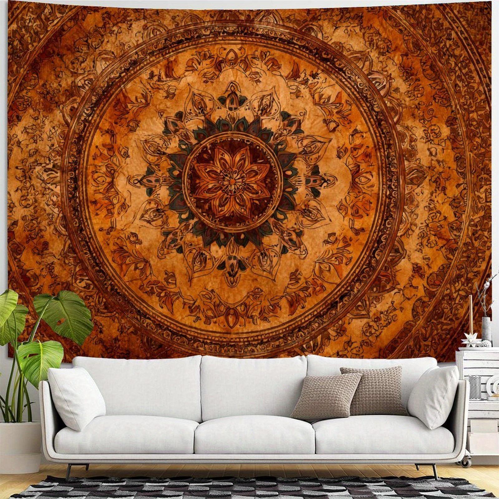 Bohemian Mandala Tapestry Wall Hanging, Boho Aesthetic Room Decor for Bedroom, Dorm, Apartment, Vintage Orange-Brown Hippie Wall Art with Floral Medallion Pattern, Retro Wall Tapestry for Living Room