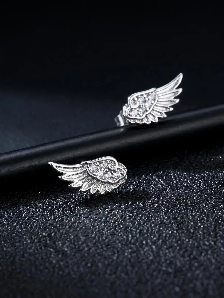 Trendy Unique Design Feather Wings Zircon Mini Dainty Earrings, Simple Personalized Women Party Daily Versatile Screw Back Secure Backing Ear Studs, Fashion Earrings, Earrings Jewelry, Fashionable Accessories