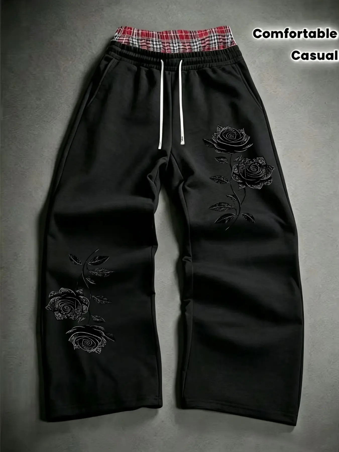 Men's Dark Rose Pattern Drawstring Waist Sport Pants, Loose-Fit Comfortable Jogging Trousers, Classic Versatile Athletic Sweatpants