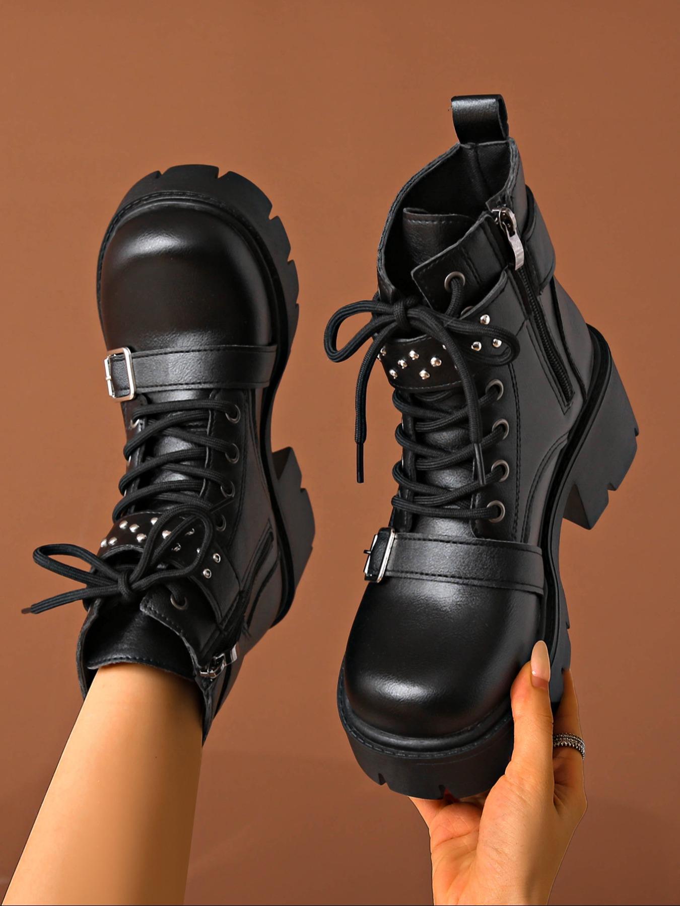 Classic platform ankle boots for women, studded buckle decoration, combat boots, four season zipper short boots, British boots, thick heels, punk high heels, motorcycle boots