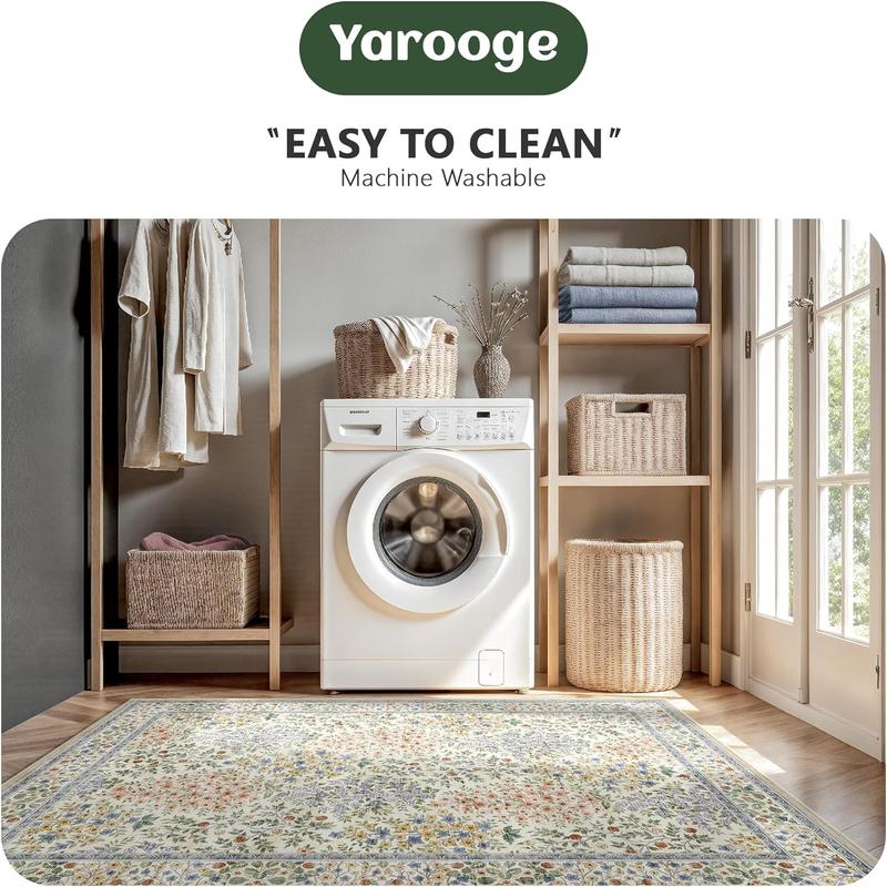 8x10 Area Rugs, Machine Washable Low Pile Floral Faux Cashmere Rugs for Living Room, Bedroom, Large Boho Area Faux Cashmere Rug with Non-Slip Backing for Dining Room(Beige Floral)