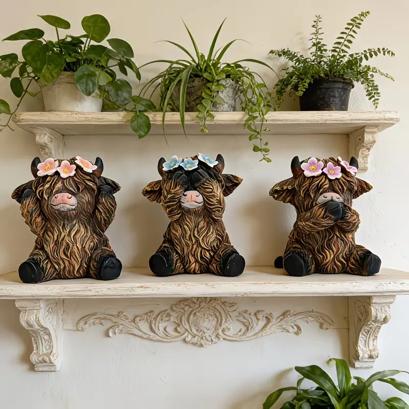 3 pieces of highland cattle figurines, cute design: Don't listen~ Don't talk~ Don't look. Made of resin, suitable for home living room, garden, desk. Halloween decoration, Animal resin figurine