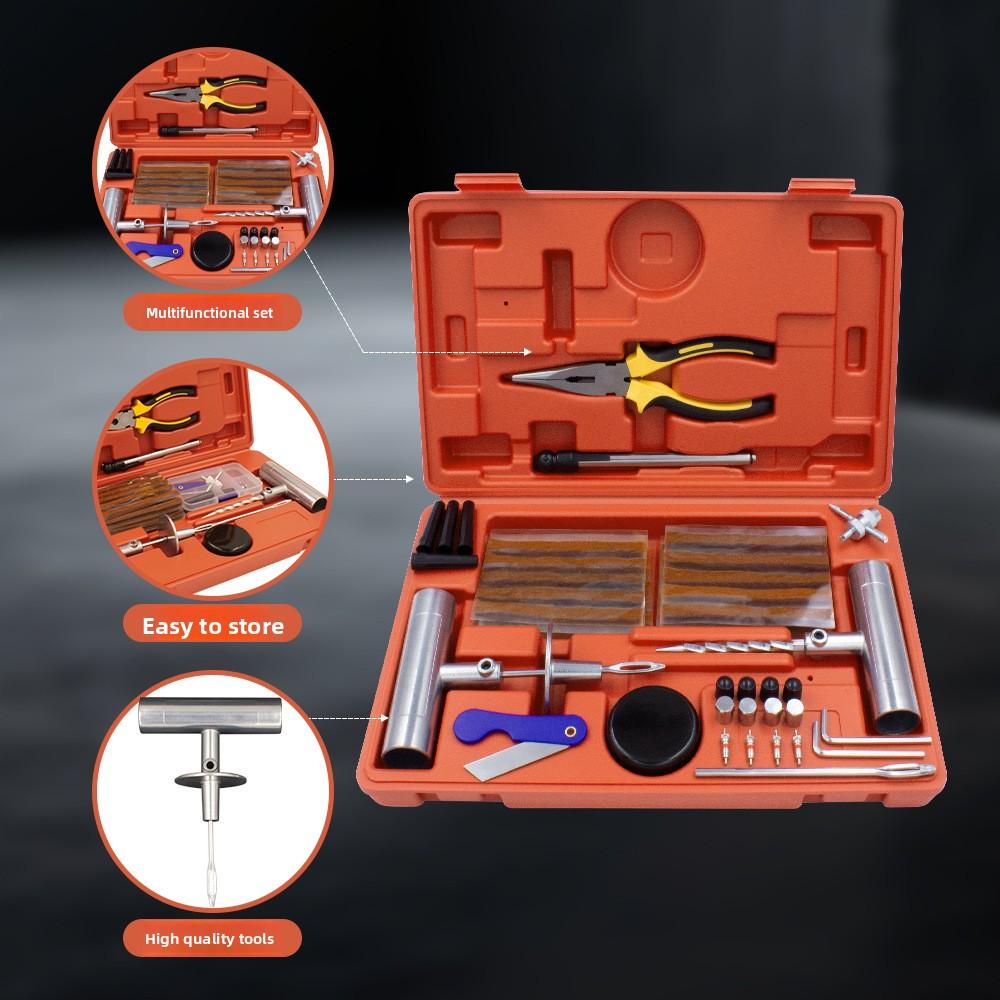 58-Piece Portable Tire Repair Kit Complete Maintenance Box for Vacuum Tire Patching and Emergency Vehicle Fixing