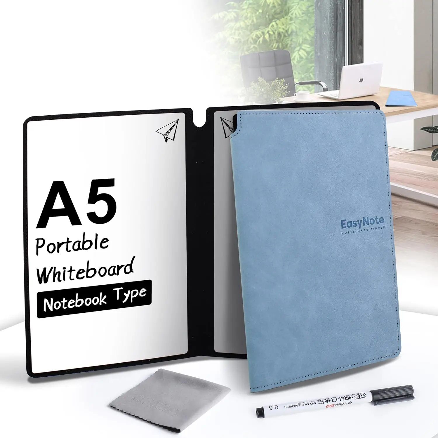 Portable Whiteboard, Erasable  Whiteboard Notebook, Mini A5 | 9.1"' x 5.8" Blue Dry Erase White Board Double-Sided, with Marker Pen Dry Cleaning Cloth, for Meeting Business Office