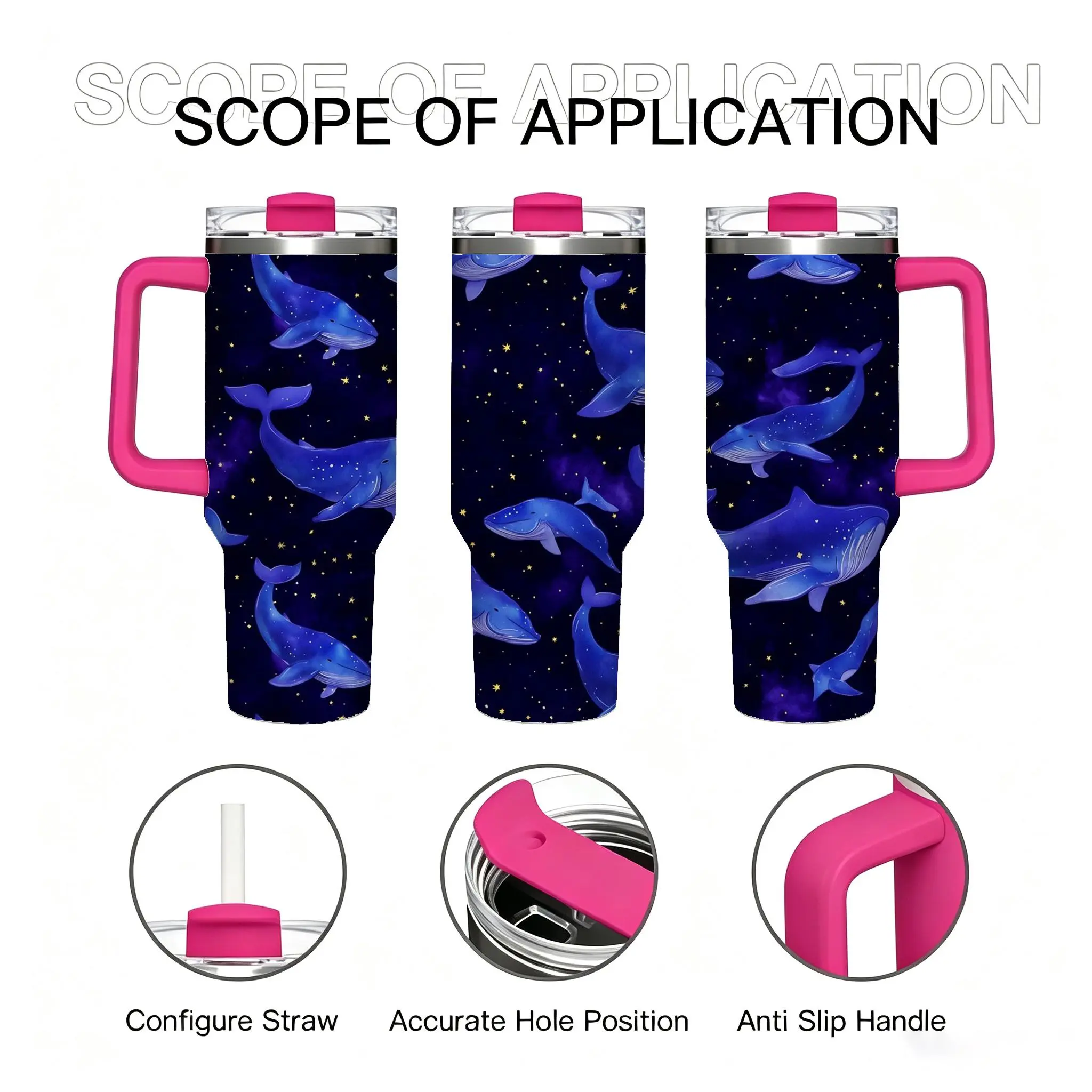 40oz Starry Galaxy Blue Whale Stainless Steel Insulated Tumbler With Handle & Leakproof Flip Lid. Large capacity travel mug with vacuum insulation for hot & cold drinks, perfect for commute, gym, road trips flask