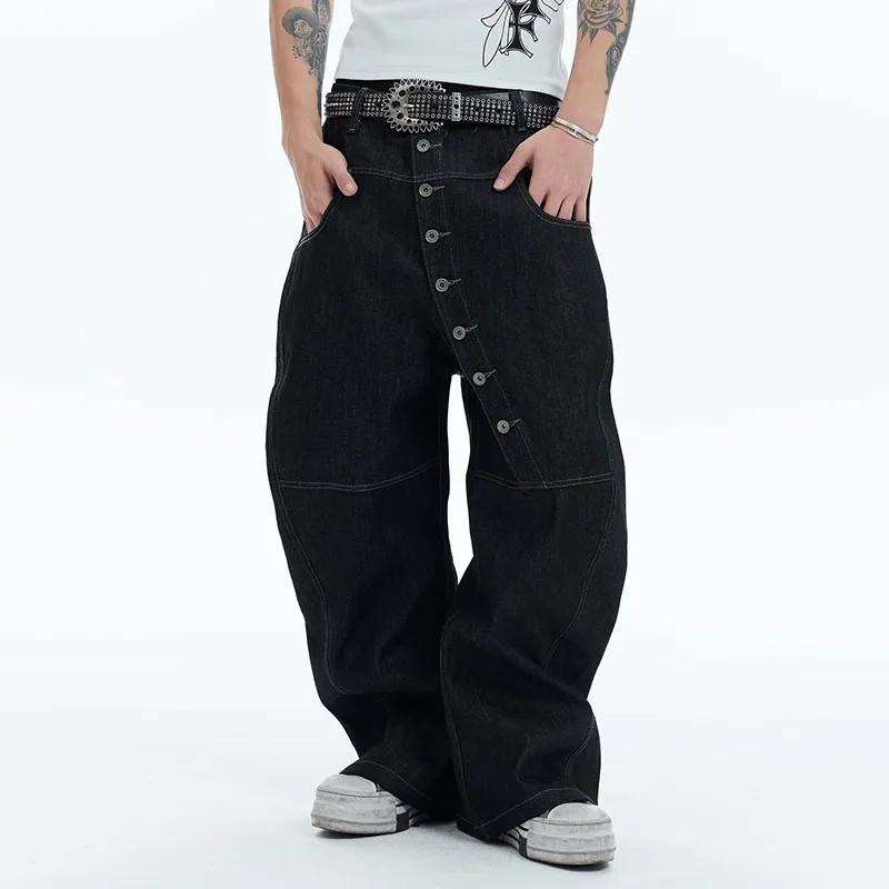 Kyn Apparel Korean High Street Buckle Curved Jeans Autumn Men'S Loose Straight Leg Pants Black Wide Leg Pants Casual Pants Hip-Hop Pants