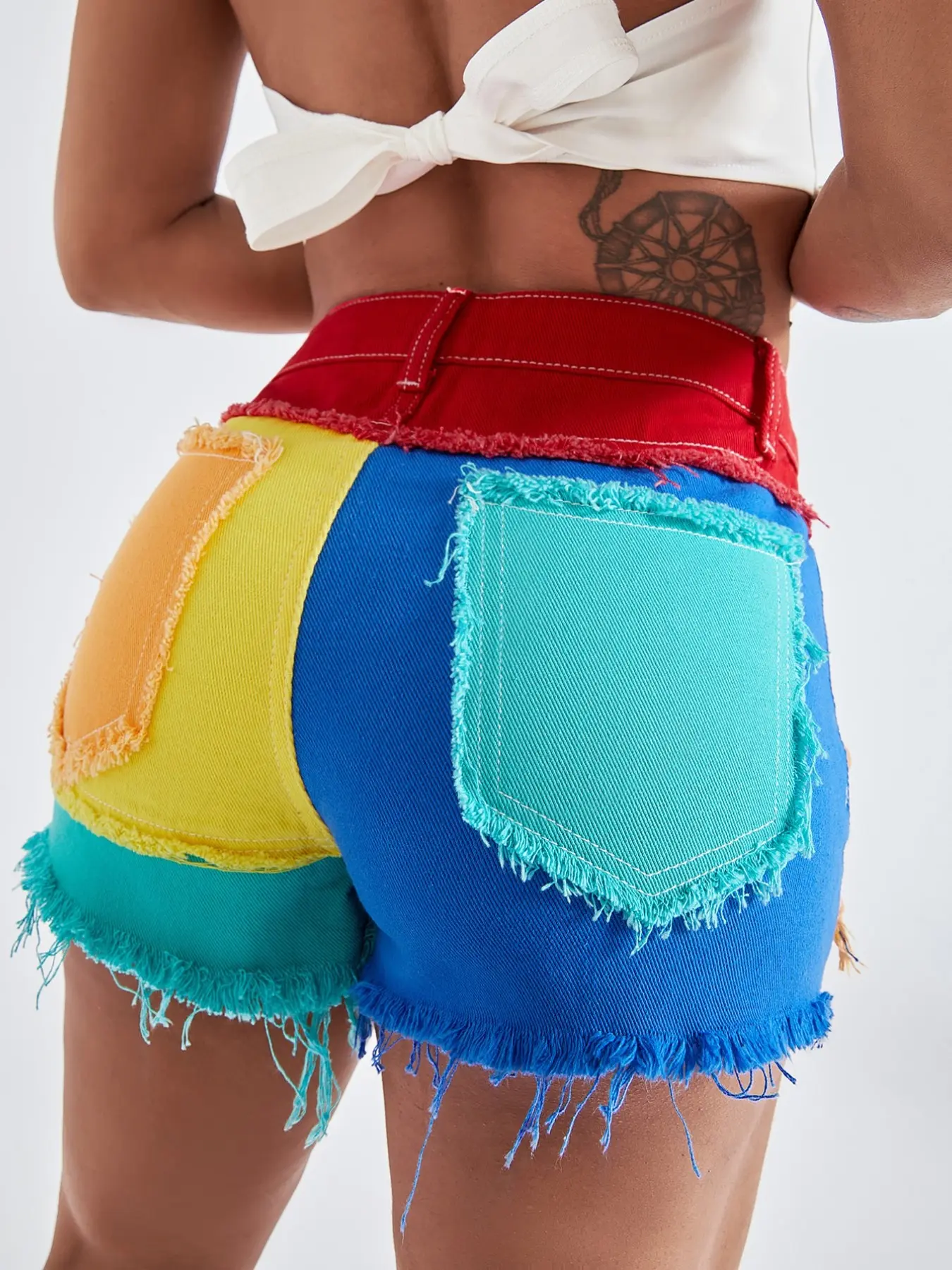 Denim Colorblock Mid-Waist Button Shorts, Fitted Denim Short Pants, Bottom, All-Season Wear, Plain Surface, Unlined, Lightweight (88.2g/m²)