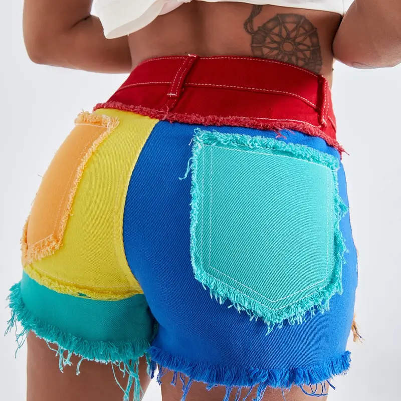 Denim Colorblock Mid-Waist Button Shorts, Fitted Fashion Shorts, Denim Shorts, All-Season Wear, Plain Surface, Unlined Lightweight Bottoms (88.2g/m²)