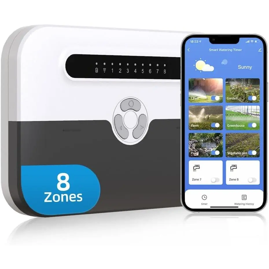 8 Zone WiFi Irrigation Controller with APP Control, Indoor Outdoor Automatic Water Timer, Weather-Based Skip & Custom Schedules, Easy DIY Installation