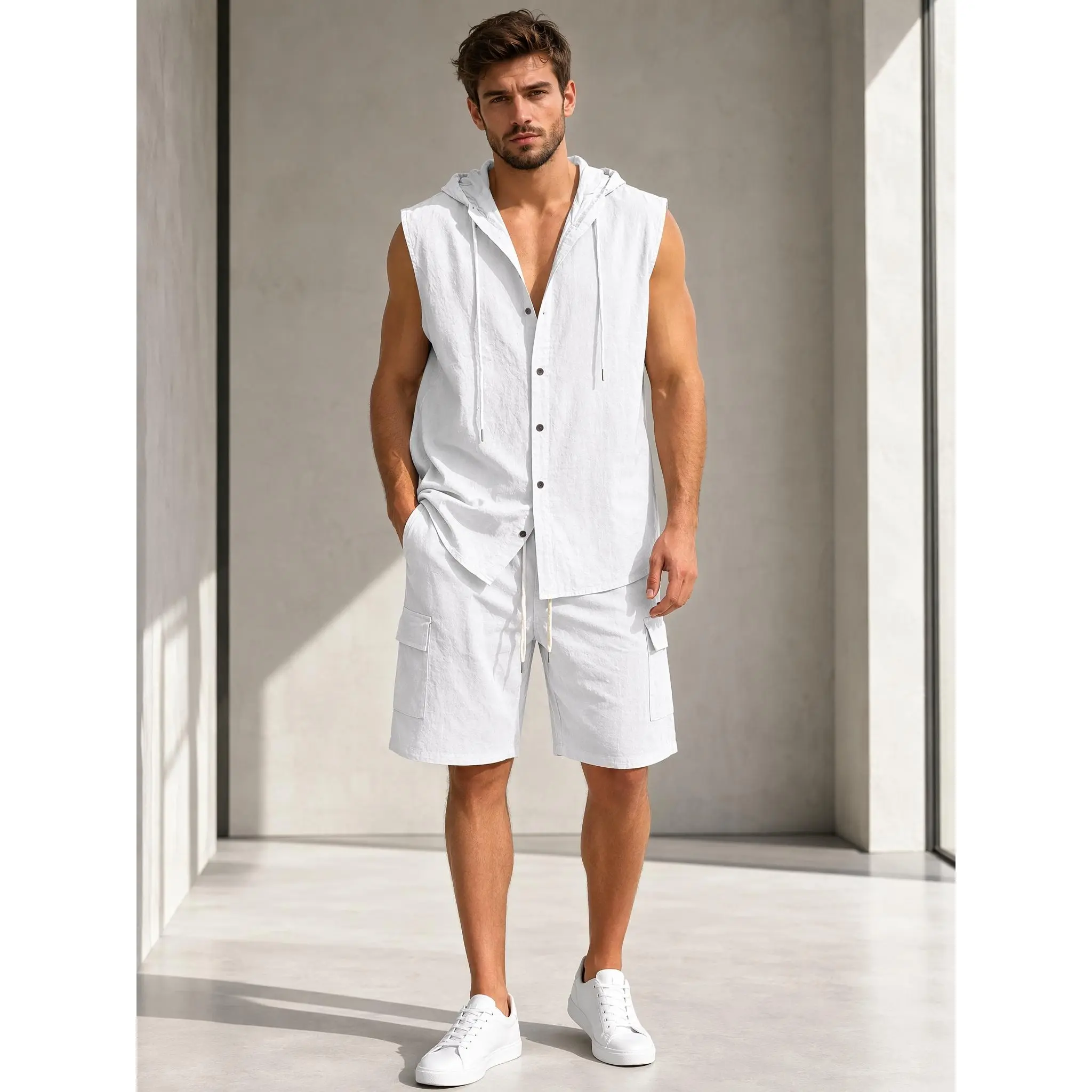 Men's 2-Piece Linen Short Set - Hooded Sleeveless Collared Neck Shirt, Cargo Shorts, Breathable Loose-Fitting No-Sweat Summer Casual Menswear Heat-Ready Plain Outfit, Blouse/Shirt, Hooded Top
