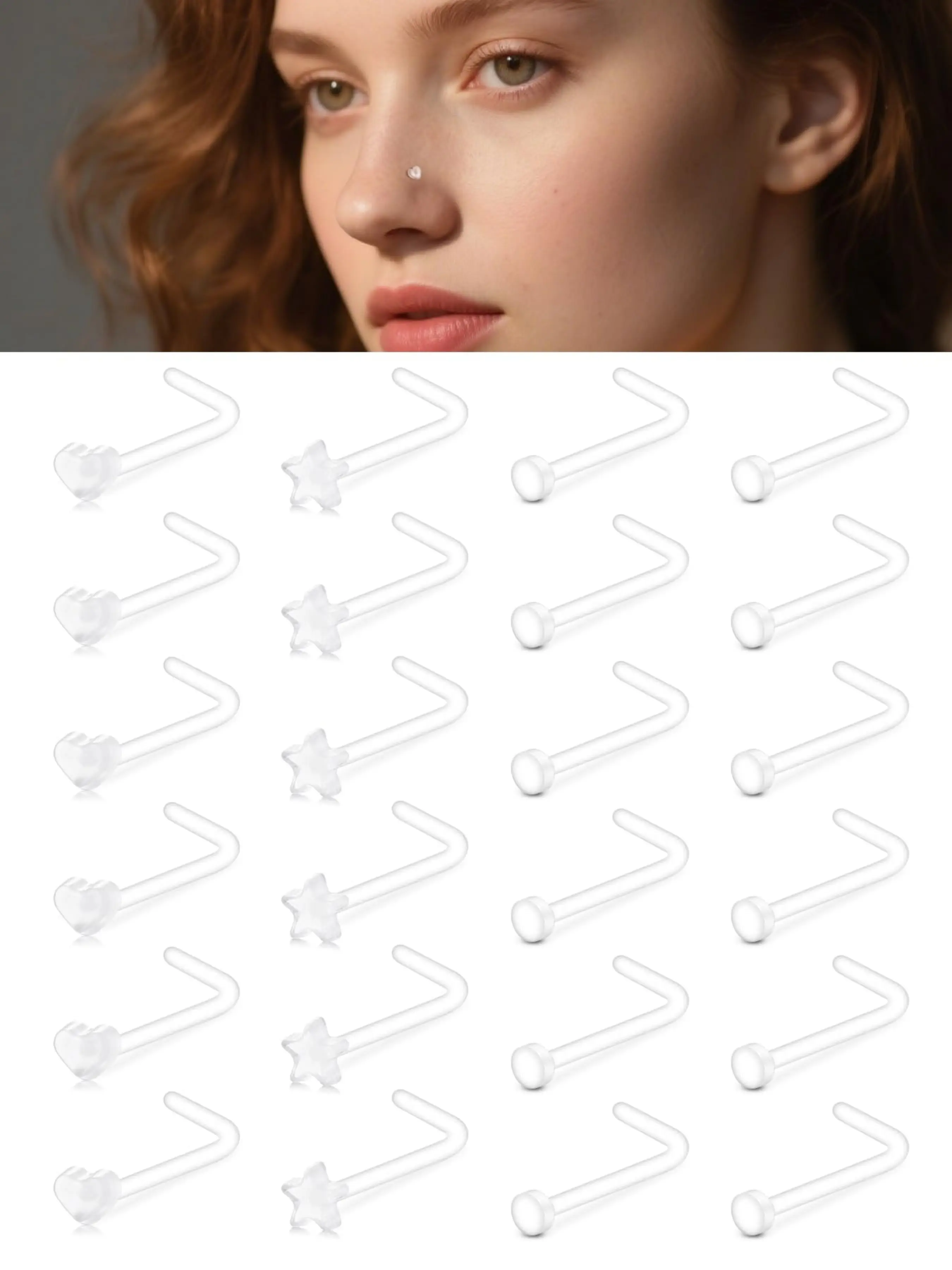 20g Clear Nose Studs Clear Nose Rings for Work L Shaped Plastic Piercing Retainers for Surgery Sport School Small Tiny Bioflex Invisible Nostril Piercing Spacers Retainer Star Heart 20G