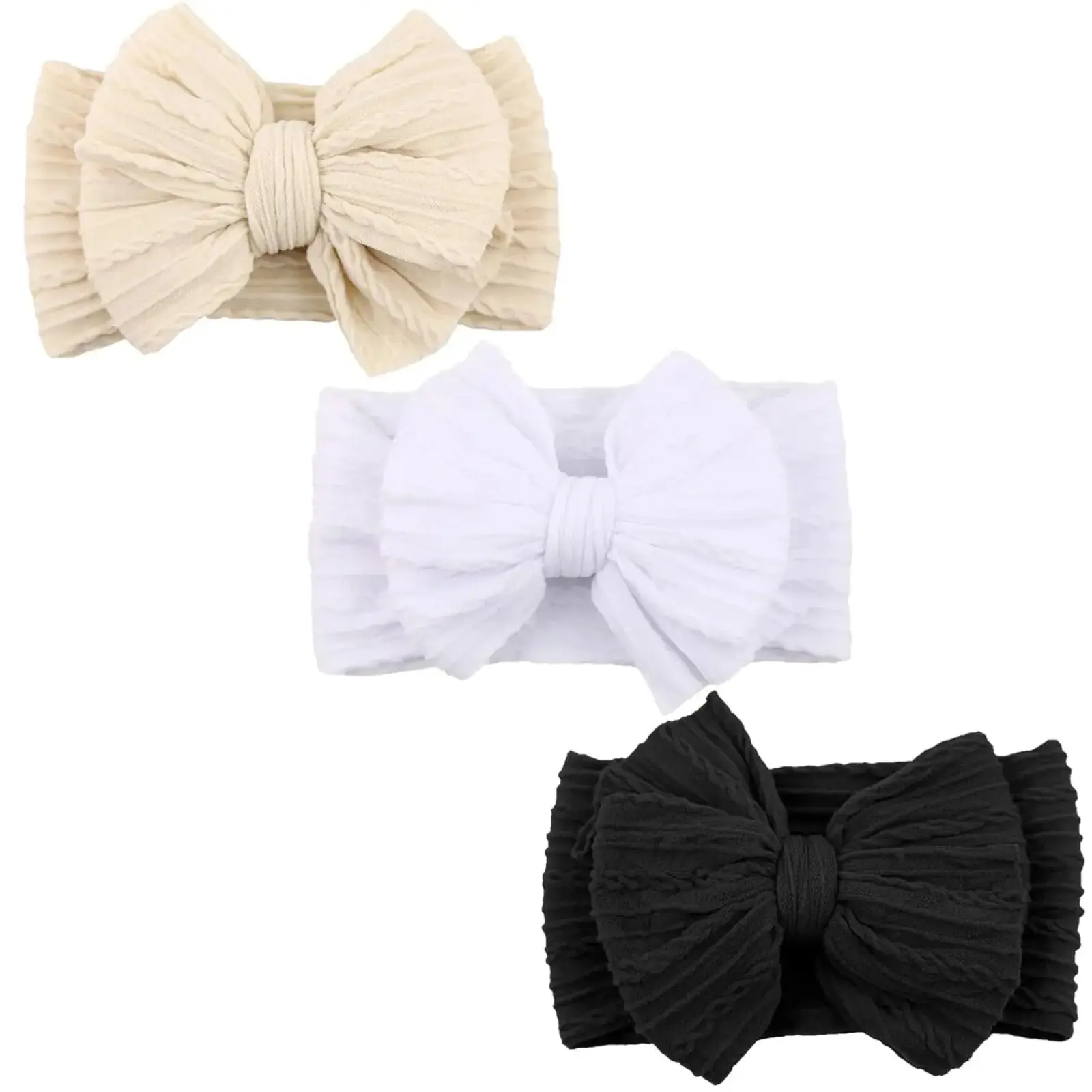 Handmade Soft Nylon Stretch Headband for Newborn Girls - Infant Hair Accessories with Bow Accents, Newborn Size, 2 Multiple Colors (Cream White & Black)