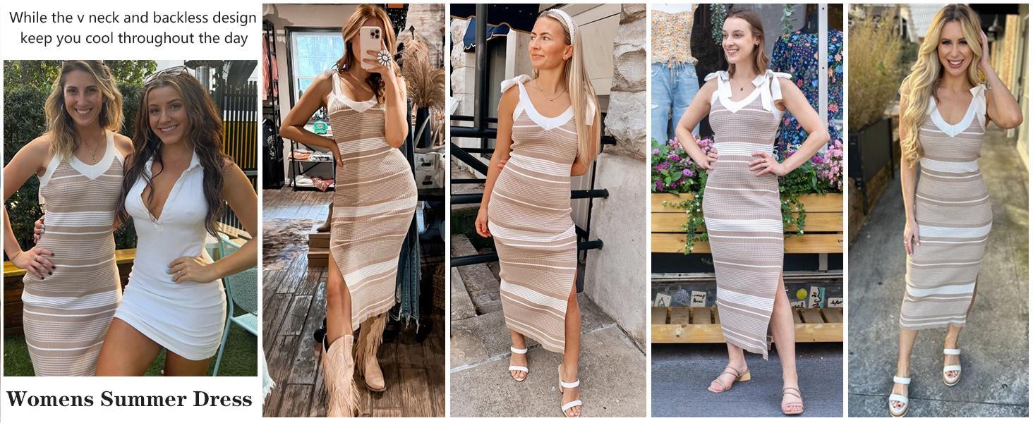 Goranbon Womens Summer Midi Bodycon Sweater Dress Sexy V Neck Tie Shoulder Striped Knit Side Slit Sleeveless Tank Dresses