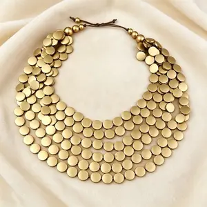 Handmade Multi-Layer Bib Necklace for Women, Gold-Tone Beaded Disc Bohemian Statement Piece, Adjustable 80-85cm for Party & Beach, Handmade Gifts, Necklace Layering