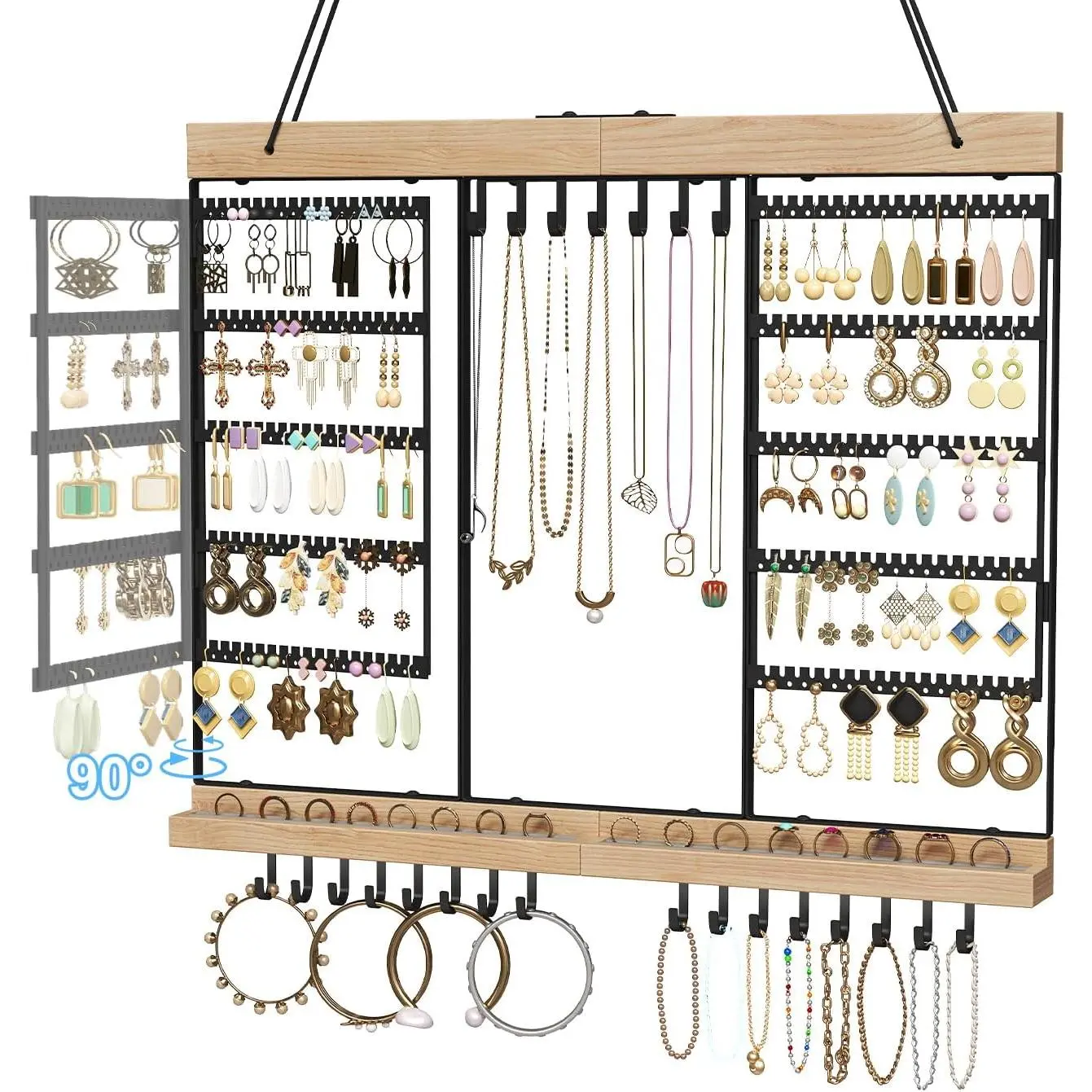 Large Rotating Hanging Jewelry Organizer, 5-Tier Earring Holder Storage Holds up to 180 Pairs, Wall Mounted Jewelry Rack for Earrings, Necklaces, Bracelets and Rings, for Girls, Black
